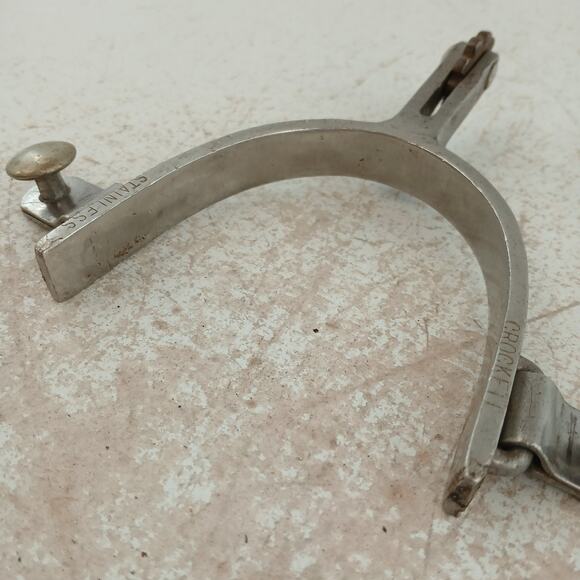 Vintage Crockett Single Spurs Stainless Steel Engraved Western Cowboy Marked - Picture 8 of 9
